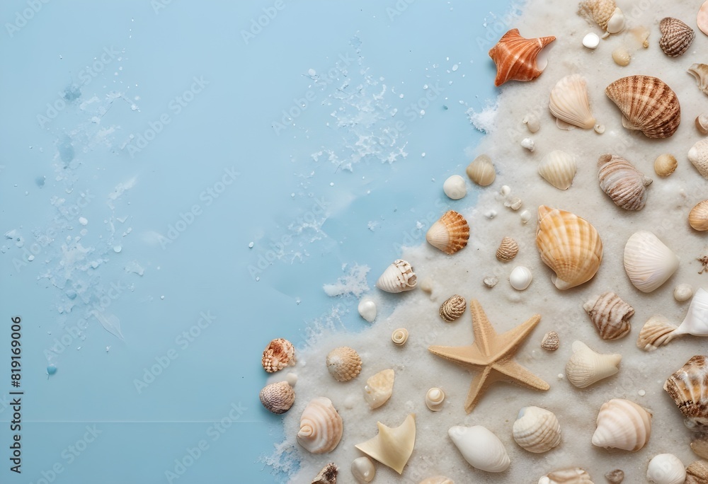 Assorted seashells and starfish on a blue wooden background Assorted seashells and starfish on a blue wooden background