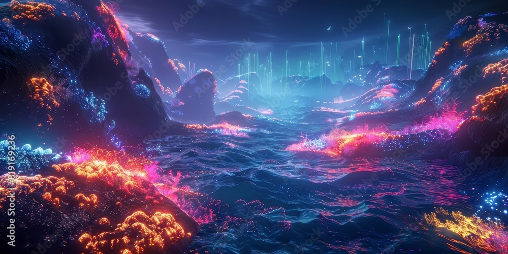 Obraz premium Holographic projection of ocean cleanup data, marine environment, neon hues, photorealistic, high resolution