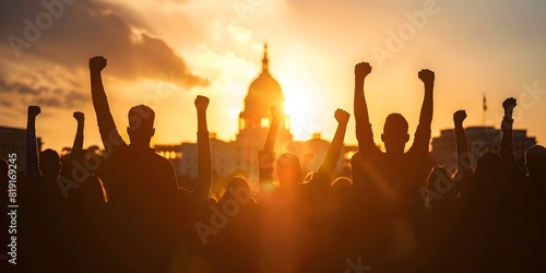 Protesters with raised fists at a rally in the USA with Capitol backdrop, silhouette of people. Concept Protest Photography, Activism, American Politics, Freedom of Speech, Social Justice Movement
