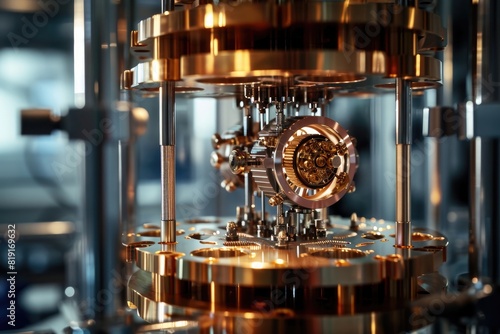 Quantum computer processor with glowing electrons background