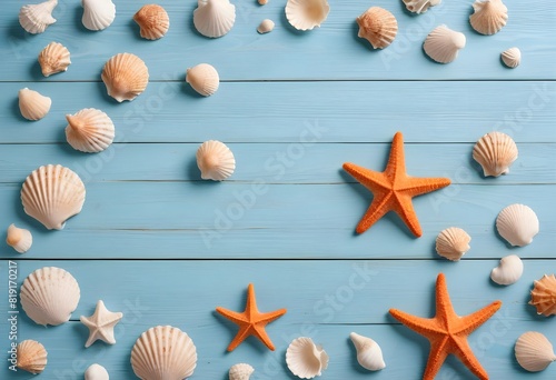 Assorted seashells and starfish on a blue wooden background