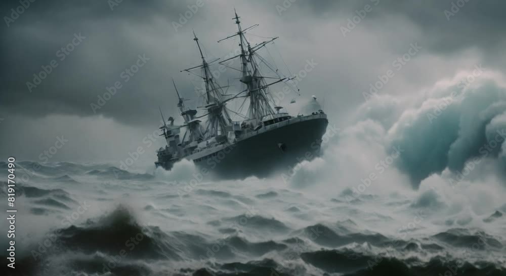 The Power of Nature: A Ship Dwarfed by Towering Waves The Power of Nature: A Ship Dwarfed by Towering Waves