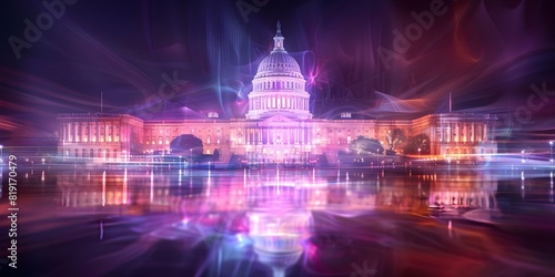 Captivating hologram of illuminated Capitol dome in Washington DC at night. Concept Landmarks  Hologram  Night Photography  Capitol Dome  Washington DC