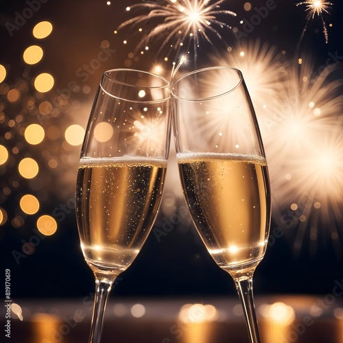 Two champagne flutes with sparkling champagne against a background of fireworks