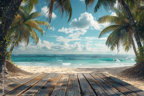 Tropical beach with palm trees and wooden deck, render