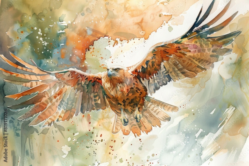 A watercolor painting of a bird flying in the sky. Suitable for nature-themed designs