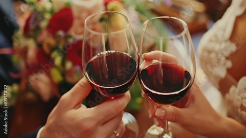 A bride and groom are celebrating their wedding by toasting glasses of red wine. The couple is joyfully clinking their glasses together in a toast, surrounded by a festive atmosphere