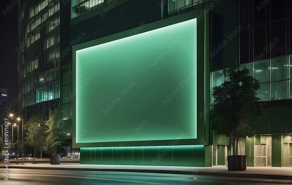 Big blank green billboard Mockup on the façade of modern high-rise building in the city at Night Big blank green billboard Mockup on the façade of modern high-rise building in the city at Night