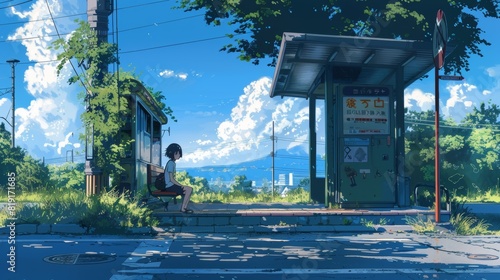girl sitting at a bus stop on sunny day atmosphere no one around her.