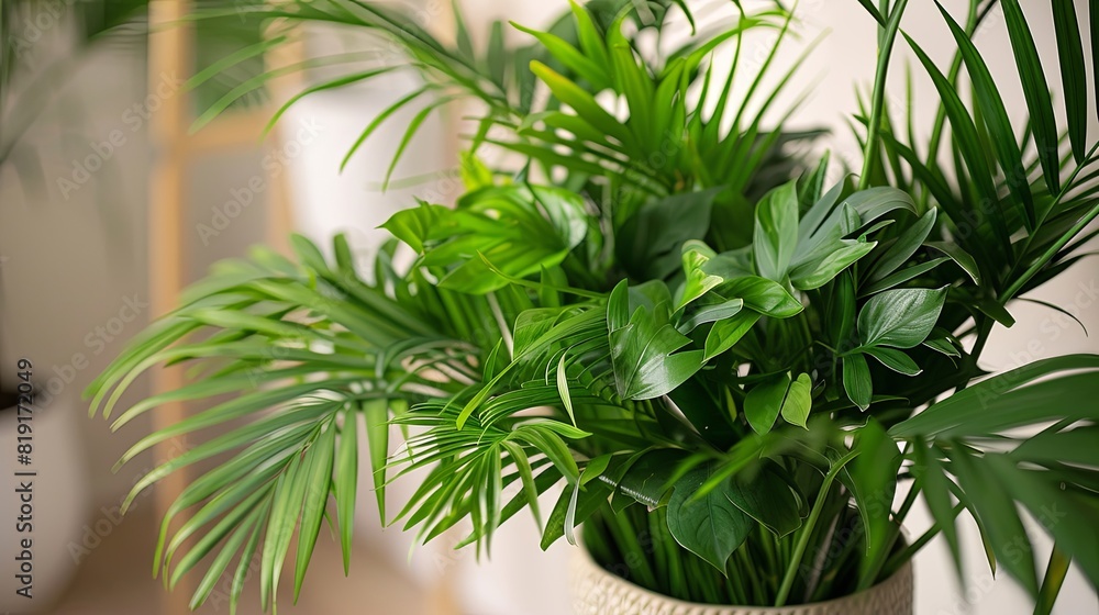 Indoor plant arrangement with a variety of leafy plants, bright and inviting Indoor plant arrangement with a variety of leafy plants, bright and inviting
