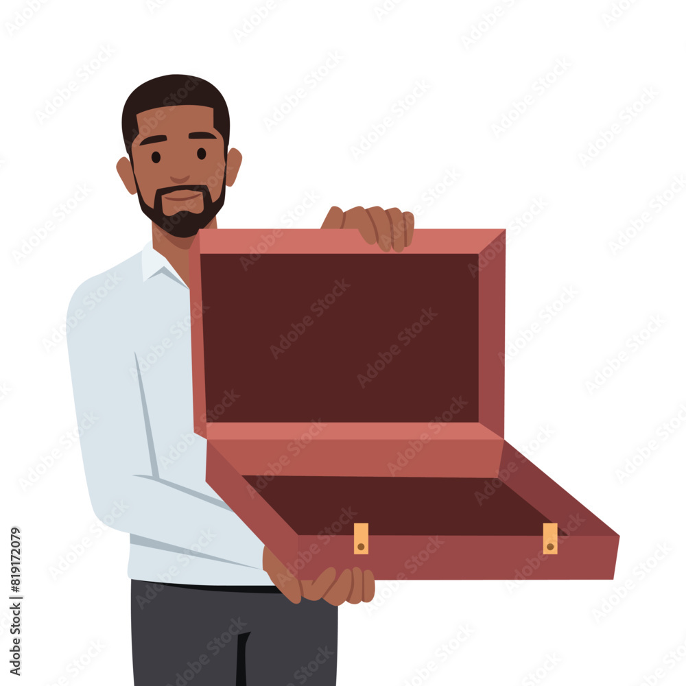 Businessman with open an empty suitcase. Flat vector illustration isolated on white background Businessman with open an empty suitcase. Flat vector illustration isolated on white background