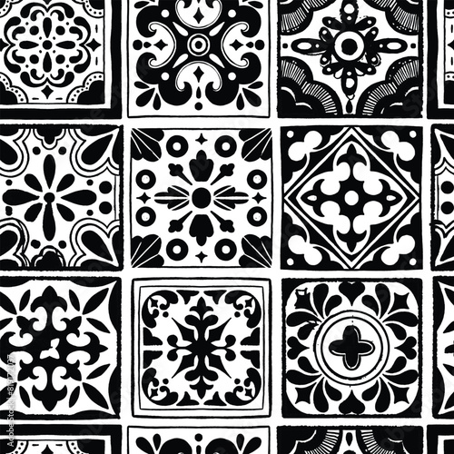 Various square Tiles seamless pattern. Different black ornaments. Traditional mediterranean style. Hand drawn. Ceramic tiles. Vector illustration isolated on background. 