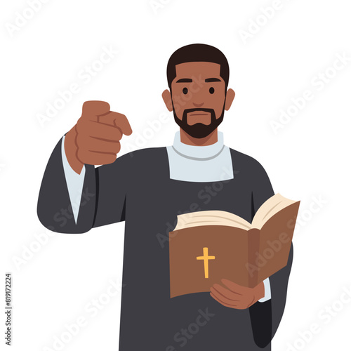 Concept of Driving Out the Devil and Evil Spirits. Pointing and holding bible. Flat vector illustration isolated on white background
