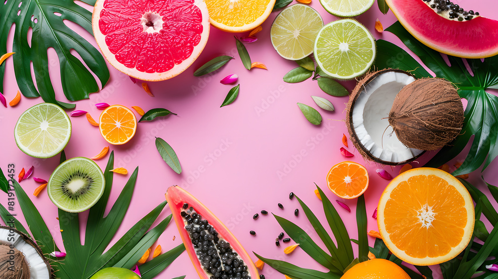 Exotic summer flavors. A mouth-watering flat lay top view of tropical fruits dragon fruit, kiwi, orange, lime, and coconut, on a pink background with palm leaves and an empty circle, Exotic summer flavors. A mouth-watering flat lay top view of tropical fruits dragon fruit, kiwi, orange, lime, and coconut, on a pink background with palm leaves and an empty circle,