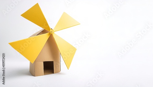 pinwheel or windmill paper origami isolated on white background simple starter craft for kids for weekend entertainment. ESG and Clean Energy Concept. Wind Turbine Paper into the Sky. Decrease Carbon