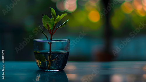 A tiny plant growing out of a glass of clear water photo