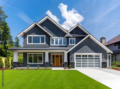 Modern home exterior with a gray and white color scheme  large windows  wooden door  garage  green grass in the front yard  clear blue sky background  sunny day