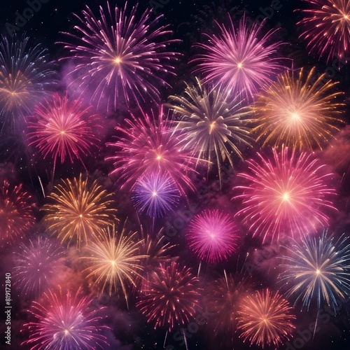 Spectacular bursts of pink  purple  and gold fireworks illuminate the darkness