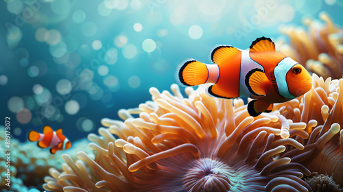 Amphiprion ocellaris clownfish and anemone in sea photo