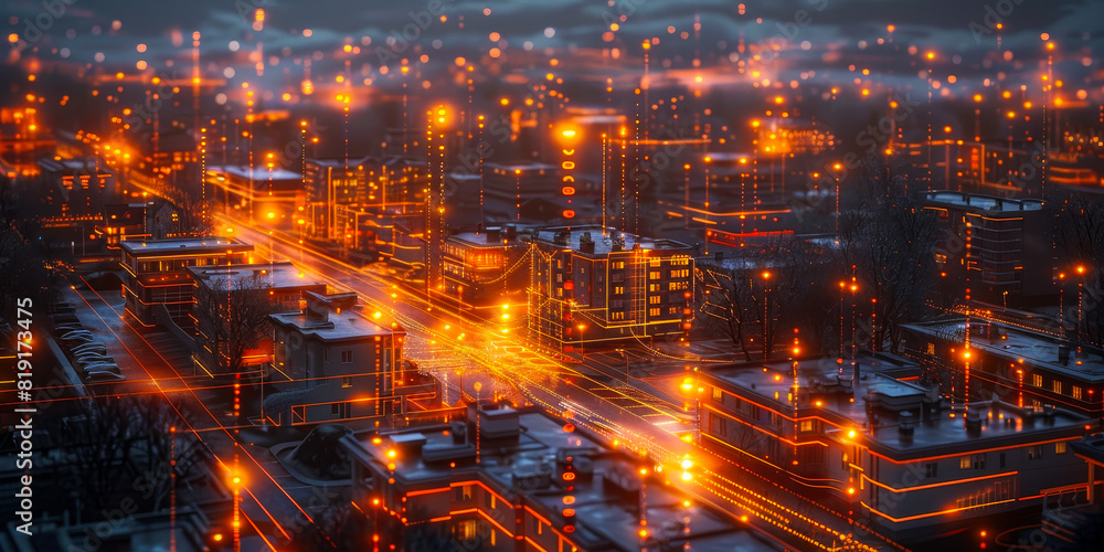 Fototapeta premium Suburban Nightlife Illuminated by IoT and DX: Smart Home Connectivity in Digital Community