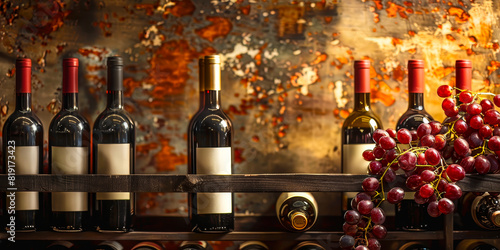 Elegant Array of Vintage Red and White Wines on Rustic Wooden Rack  Artistic Background