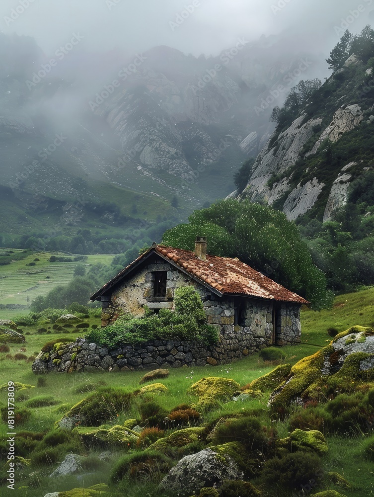 Casa aislada en la montaÃ±a con niebla, granja del norte de Europa en el campo.