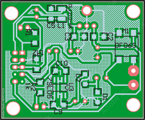 Vector printed circuit board of electronic 
device with components of radio elements, 
conductors and contact pads placed on pcb. 
Engineering technical drawing.