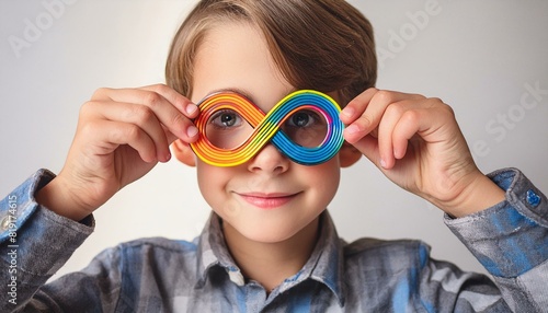 Young boy with autism infinity rainbow symbol sign. World autism awareness day  autism rights movement  neurodiversity  autistic acceptance movement. AI generated