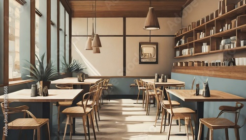 coffee shop with tables and chairs, vintage style, minimalism
