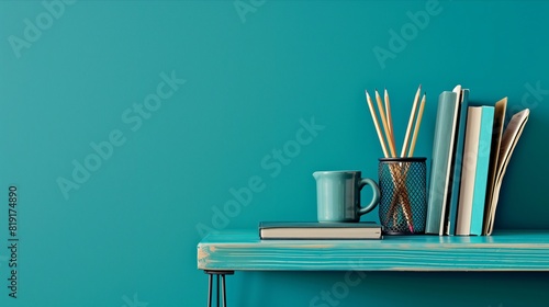 Organized Workspace with Books and Stationary on Teal Background