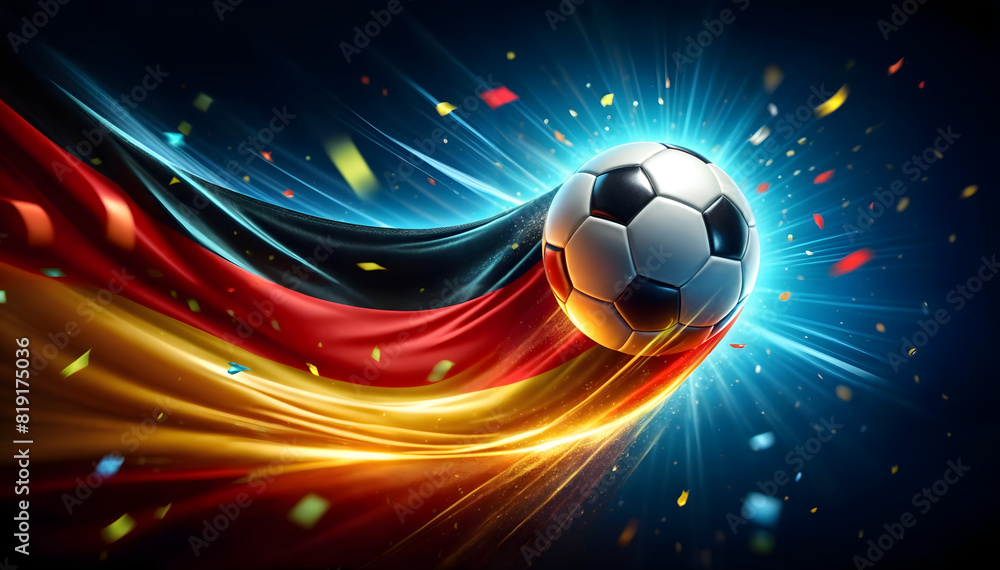 Naklejka premium Football and confetti. EM European Championship 2024. Germany, German flag, win, winner celebration concept background illustration. 