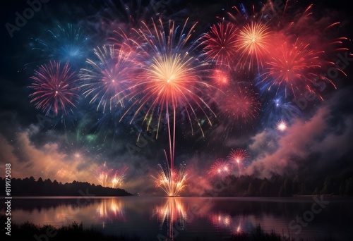 Colorful fireworks exploding over a serene lake at night, with a reflection of the fireworks on the water's surface.