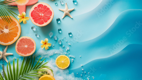 Tropical summer scene with sliced citrus fruits  starfish  flowers  palm leaves  and ice on a light blue background  evoking a refreshing beach vibe.