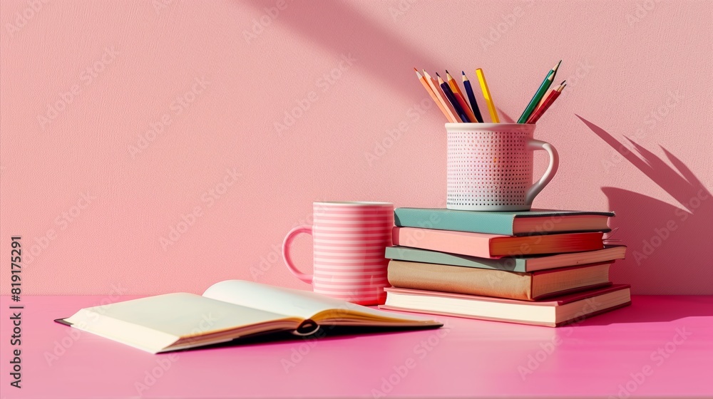 Pastel Pink Desk Setup with Books, Open Notebook, and Cups of Pencils