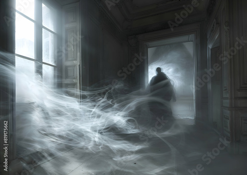 A ghostly figure appearing in an old, abandoned house, with eerie lighting and shadows