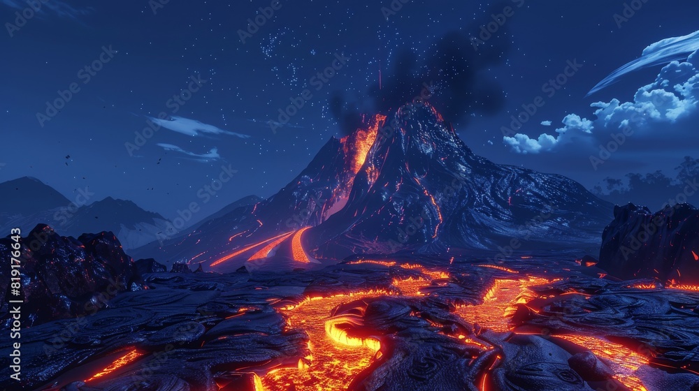 A volcano erupting with lava flowing out of it, creating a dramatic scene of intense heat and destruction A volcano erupting with lava flowing out of it, creating a dramatic scene of intense heat and destruction