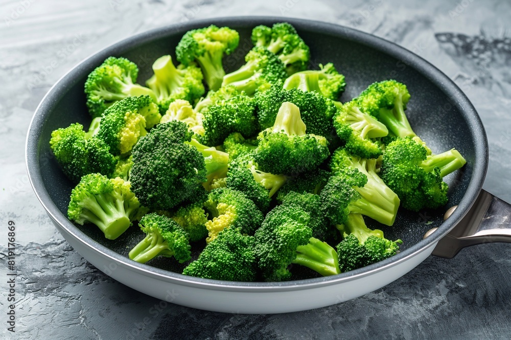 A pan with broccoli on top. generative AI A pan with broccoli on top. generative AI
