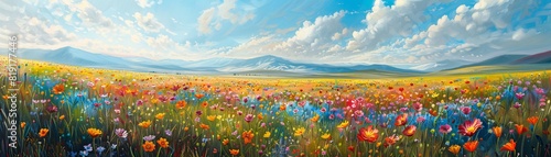A vast field of colorful wildflowers swaying in the breeze, creating a vibrant and joyful scene.