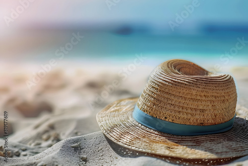 Straw hat on the beach close-up, summer background.