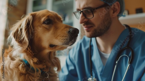 A veterinarian is carefully inspecting a dog in a clinical setting