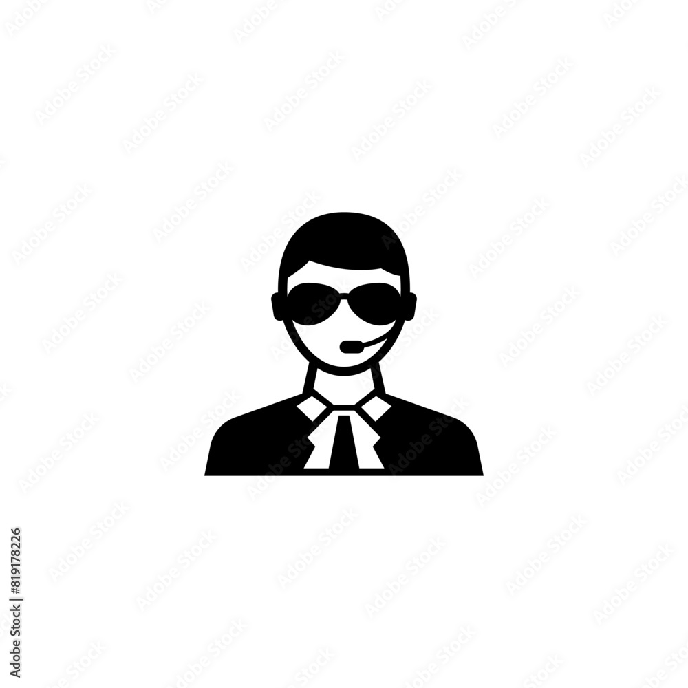 A minimalist black and white icon depicting the silhouette of a security guard or bodyguard wearing sunglasses, representing protection, surveillance and safety-related services. A minimalist black and white icon depicting the silhouette of a security guard or bodyguard wearing sunglasses, representing protection, surveillance and safety-related services.