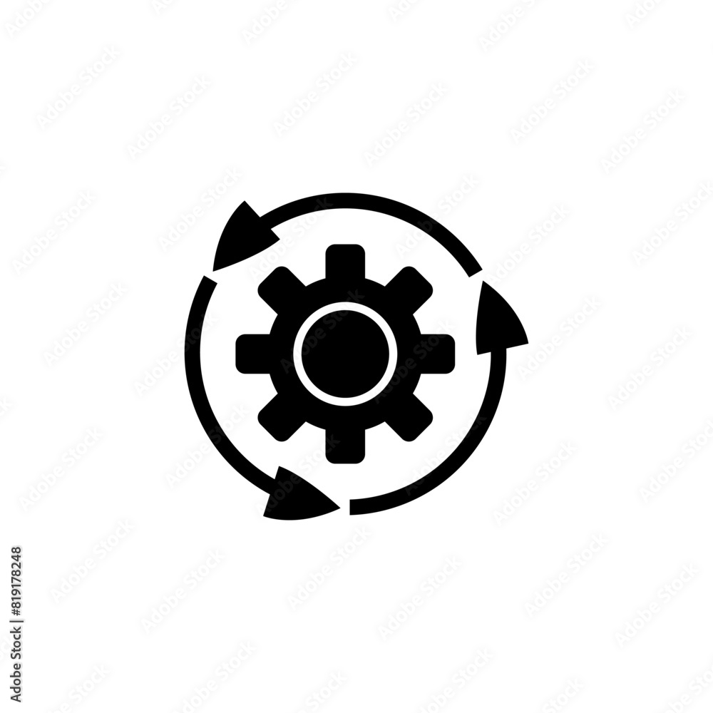 A black and white icon depicting a gear surrounded by circular arrows, representing automated processes, workflow management, and system optimization. A black and white icon depicting a gear surrounded by circular arrows, representing automated processes, workflow management, and system optimization.
