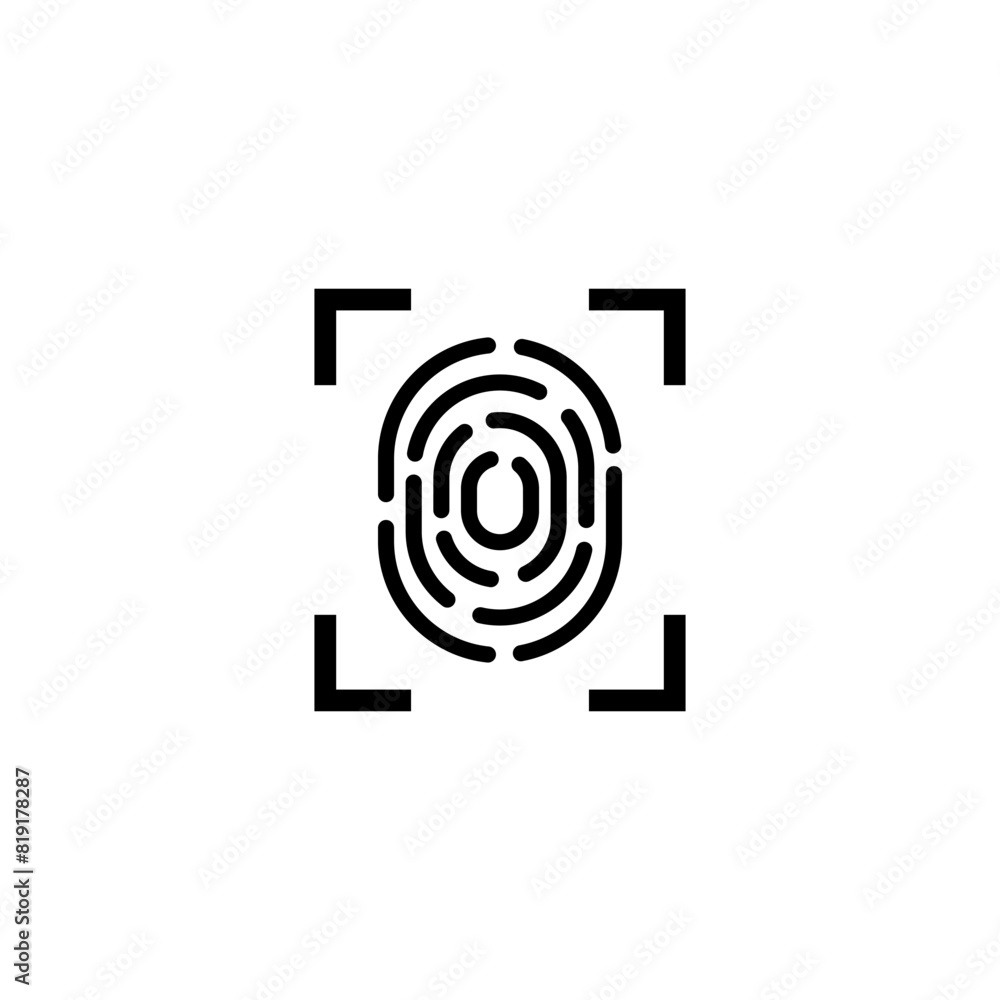 A minimalist black and white icon depicting a fingerprint silhouette within a scanning frame, representing biometric identification, access control and security technology. A minimalist black and white icon depicting a fingerprint silhouette within a scanning frame, representing biometric identification, access control and security technology.