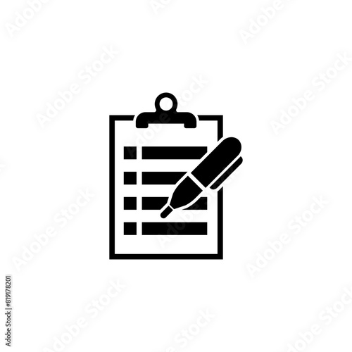 A simple black and white icon depicting a clipboard with a pen, symbolizing documentation, evaluation, and record-keeping tasks.