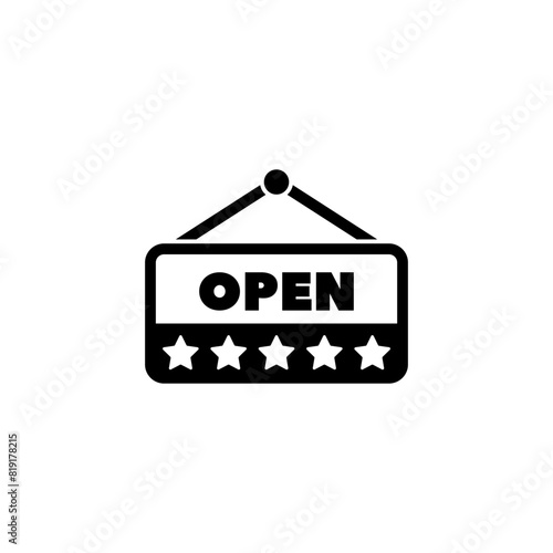 A simple black and white open sign with five rating stars indicating high quality or service, signaling that the establishment is currently open and operating.