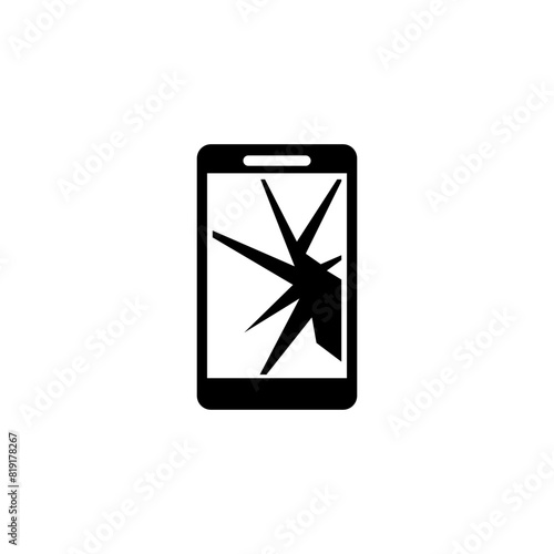A minimalist black and white icon depicting a stylized smartphone silhouette with a cracked, shattered screen, representing damage, accidents, and the fragility of digital devices.