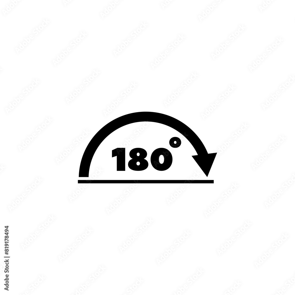 Naklejka premium A simple black and white icon depicting a semicircular shape with the number 180 inside, representing a 180 degree angle or rotation.