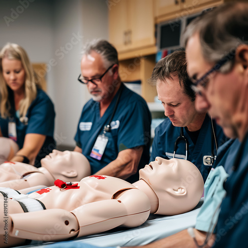 A CPR training session with dummies and medical staff.