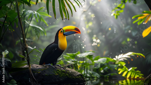 Toucan, Ramphastos sulfuratus, bird with big bill in the forest photo