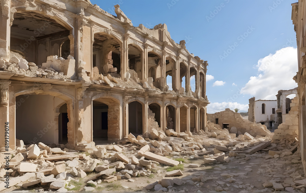 Naklejka premium Ruins of a building due to a terrible earthquake